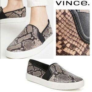 $225‼️VINCE. Blair Animal Snake Print Leather Slip On Sneakers Shoes Brown Comfy